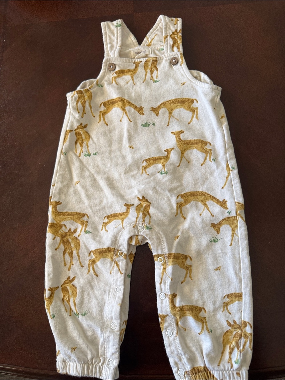 Burt's Bees Baby Cream Overalls with Mustard Deer Print